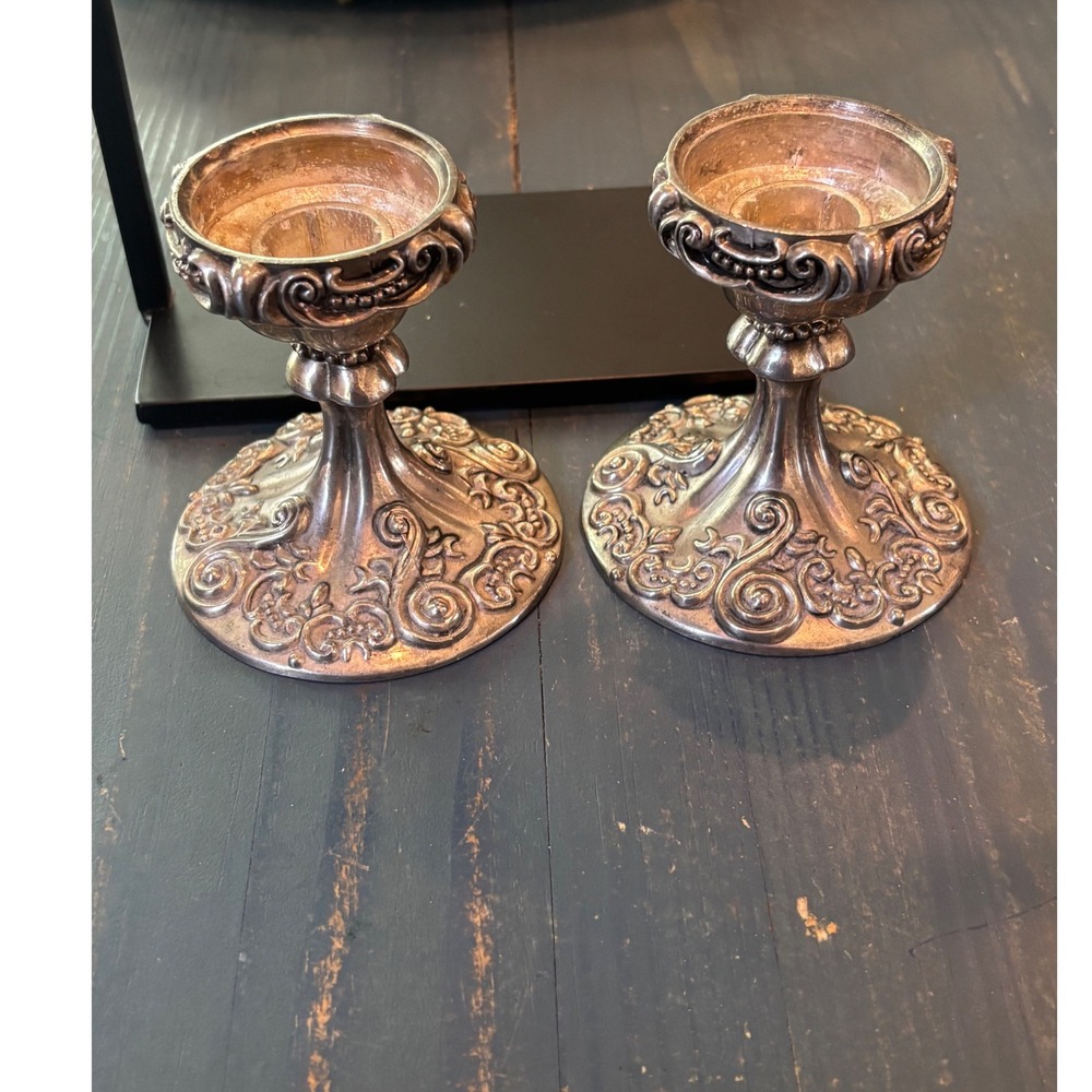 Godinger Silver Plated Candlestick Holders Set of 2 Baroque Scroll Design 4 inch
